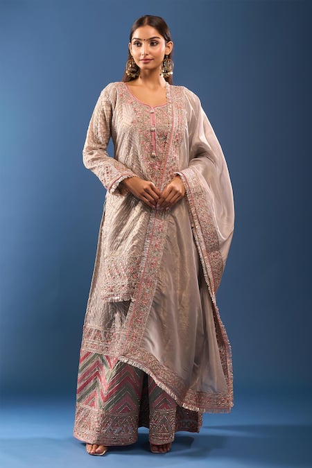 Samyukta Singhania Grey Embroidered Kurta Palazzo Set 