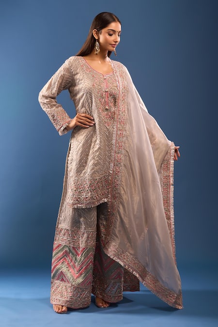 Buy_Samyukta Singhania_Gray Embroidery V-neck Grey Kurta Palazzo Set _Online_at_Aza_Fashions