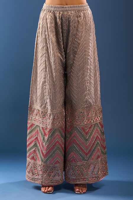 Shop_Samyukta Singhania_Gray Embroidery V-neck Grey Kurta Palazzo Set _Online_at_Aza_Fashions