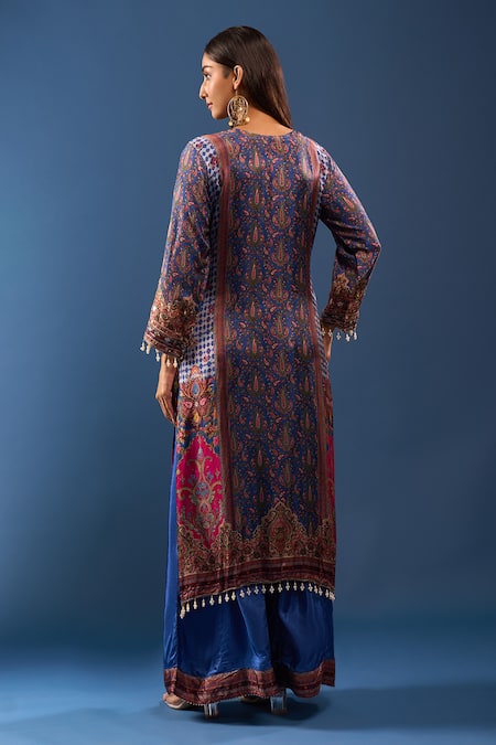 Shop Samyukta Singhania Blue Embroidery, Tassels Round Neck Kurta Palazzo Set at Aza Fashions Shop_Samyukta Singhania_Blue Embroidery, Tassels Round Neck Kurta Palazzo Set _at_Aza_Fashions
