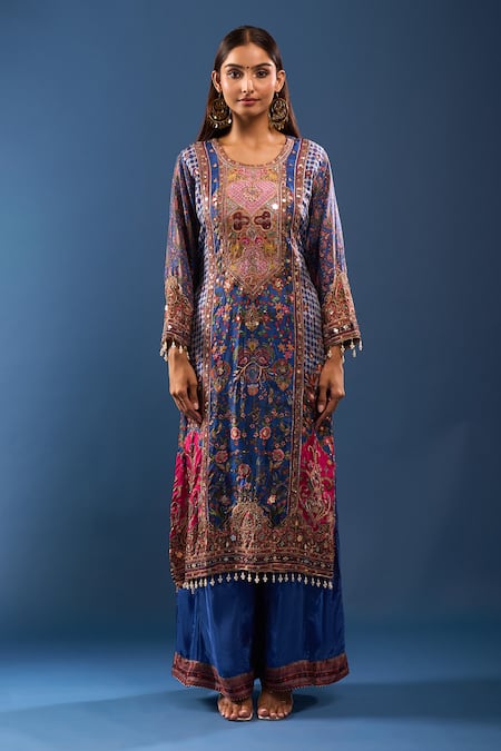 Samyukta Singhania Blue Embroidery, Tassels Round Neck Kurta Palazzo Set Online at Aza Fashions Samyukta Singhania_Blue Embroidery, Tassels Round Neck Kurta Palazzo Set _Online_at_Aza_Fashions