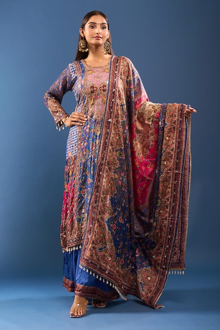 Samyukta Singhania Blue Embroidery, Tassels Round Neck Kurta Palazzo Set