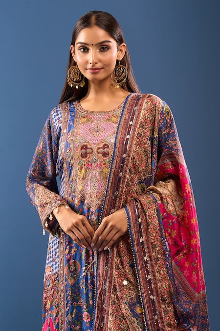 Samyukta Singhania Blue Embroidery, Tassels Round Neck Kurta Palazzo Set at Aza Fashions Samyukta Singhania_Blue Embroidery, Tassels Round Neck Kurta Palazzo Set _at_Aza_Fashions