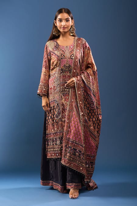 Buy_Samyukta Singhania_Black Embroidery Round Neck Kurta Palazzo Set _Online_at_Aza_Fashions