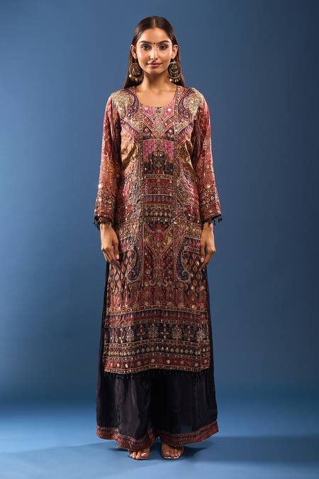 Buy_Samyukta Singhania_Black Embroidery Round Neck Kurta Palazzo Set 