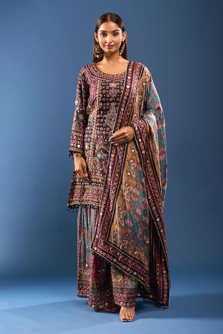 Buy_Samyukta Singhania_Black Embroidery Round Neck Kurta Gharara Set _Online_at_Aza_Fashions