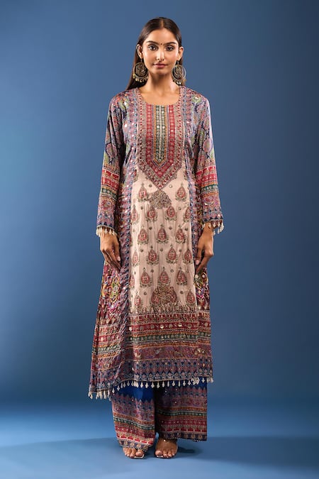 Samyukta Singhania_Multi Color Sequins, Embroidery, Tassels Round Neck Kurta Palazzo Set _Online_at_Aza_Fashions