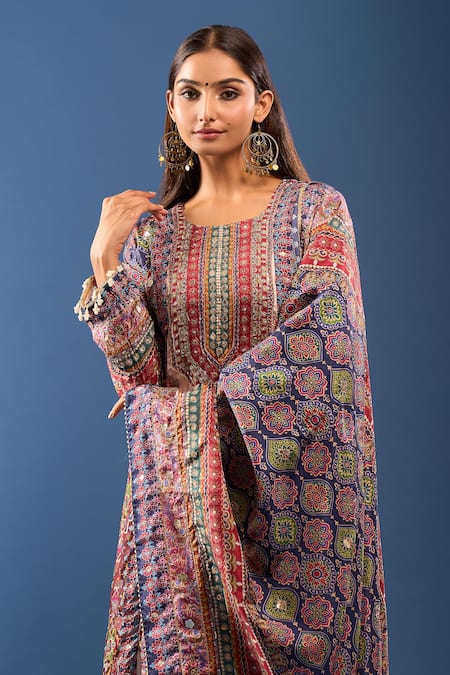 Samyukta Singhania_Multi Color Sequins, Embroidery, Tassels Round Neck Kurta Palazzo Set _at_Aza_Fashions