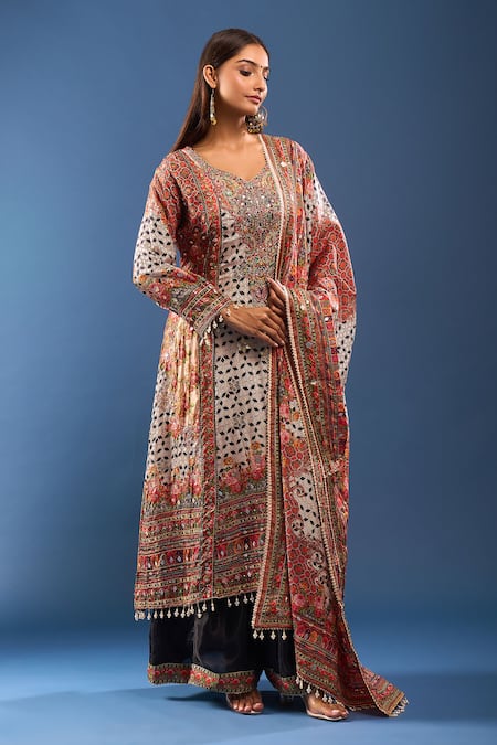 Shop_Samyukta Singhania_Peach Sequins, Embroidery V-neck Kurta Palazzo Set _Online_at_Aza_Fashions