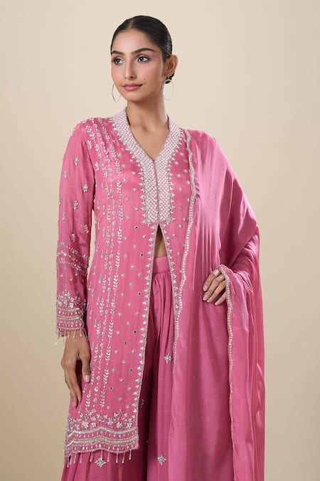 Samyukta Singhania Pink Sequins, Embroidery V-neck Kurta Sharara Set Online at Aza Fashions Samyukta Singhania_Pink Sequins, Embroidery V-neck Kurta Sharara Set _Online_at_Aza_Fashions