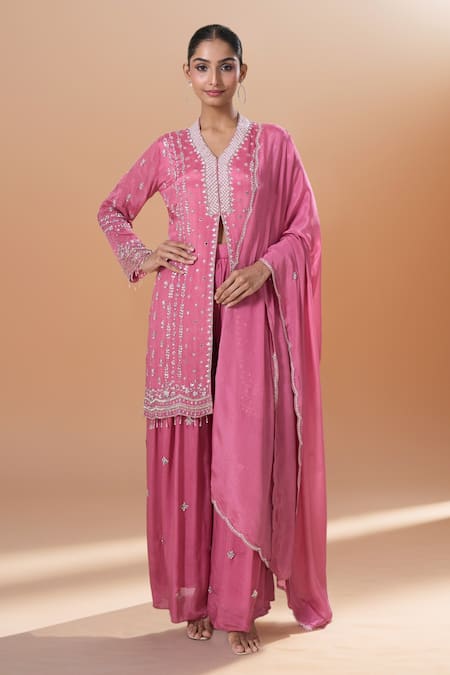 Samyukta Singhania Pink Sequins, Embroidery V-neck Kurta Sharara Set 