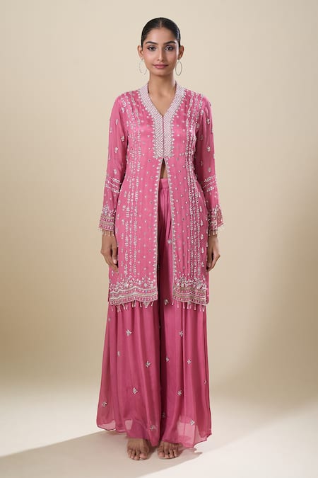 Buy Samyukta Singhania Pink Sequins, Embroidery V-neck Kurta Sharara Set Online at Aza Fashions Buy_Samyukta Singhania_Pink Sequins, Embroidery V-neck Kurta Sharara Set _Online_at_Aza_Fashions