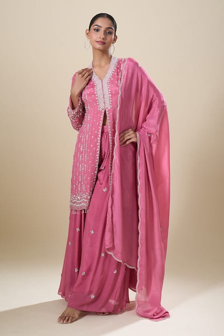 Shop Samyukta Singhania Pink Sequins, Embroidery V-neck Kurta Sharara Set Online at Aza Fashions Shop_Samyukta Singhania_Pink Sequins, Embroidery V-neck Kurta Sharara Set _Online_at_Aza_Fashions