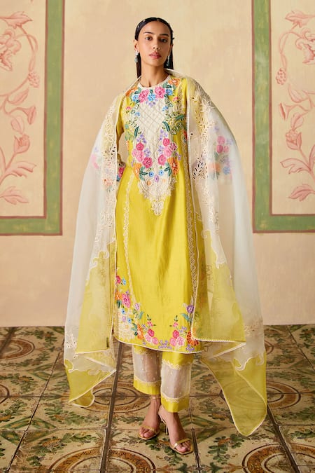 Chandrima Ivory Silk Organza Yellow And Color Block Dupatta 