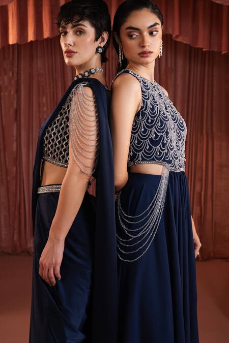 Shop_Akara_Blue Satin Embroidery, Sequins, Beads Square Midnight Pre-draped Saree And Blouse 