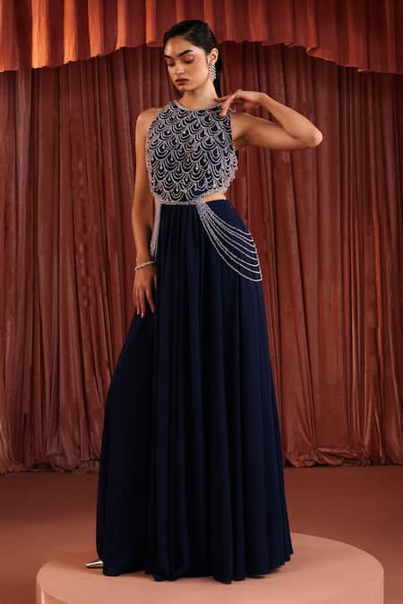 Akara Blue Georgette Beads Round Neck Midnight Embellished Top And Skirt Set