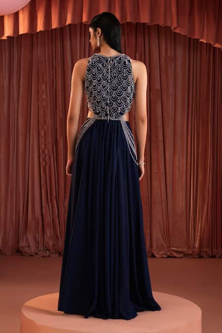 Akara Midnight Blue Embellished Top & Skirt Set 