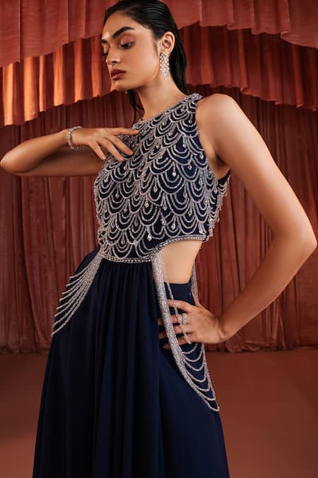 Buy_Akara_Blue Georgette Beads Round Neck Midnight Embellished Top And Skirt Set _Online_at_Aza_Fashions