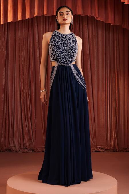 Akara_Blue Georgette Beads Round Neck Midnight Embellished Top And Skirt Set _at_Aza_Fashions
