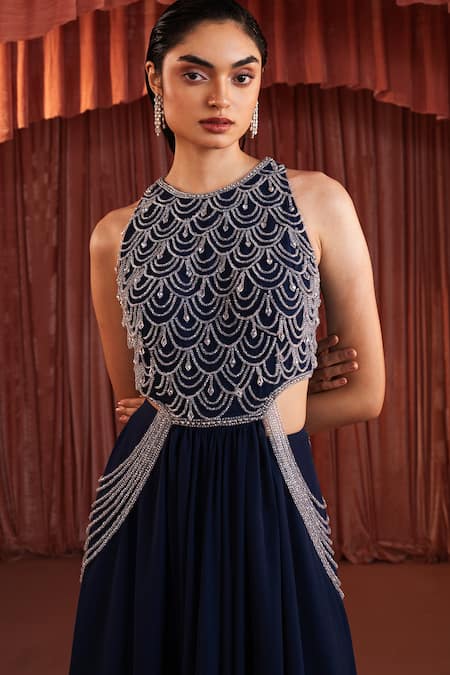 Shop_Akara_Blue Georgette Beads Round Neck Midnight Embellished Top And Skirt Set 