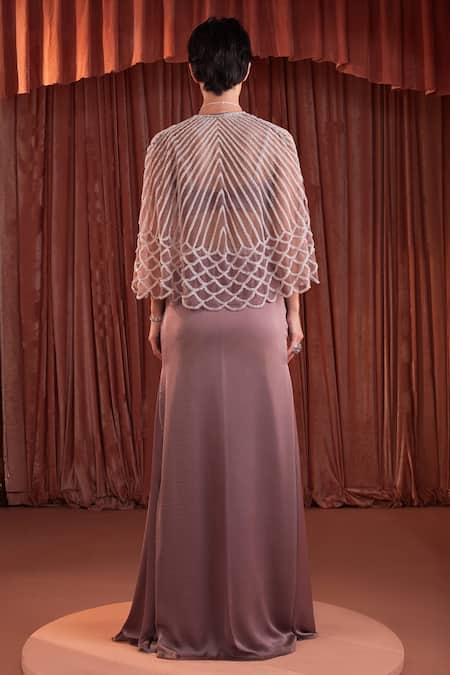 Akara Purple Organza Cape & Satin Skirt Set 