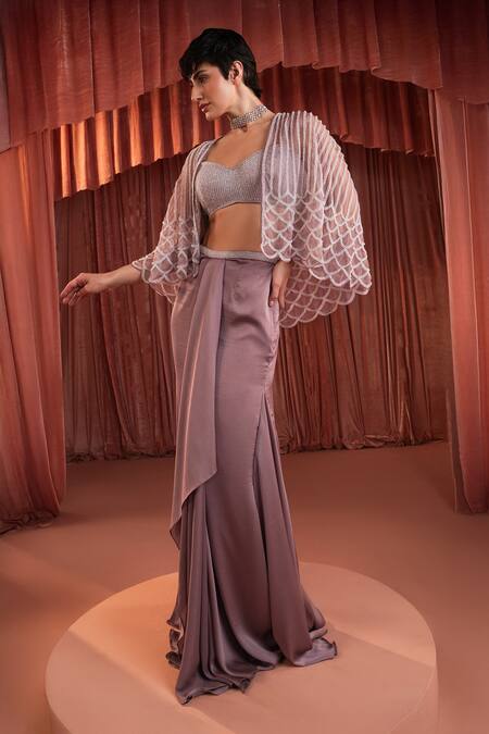 Buy_Akara_Purple Satin Beads Sweetheart , Open Organza Cape And Skirt Set _Online_at_Aza_Fashions