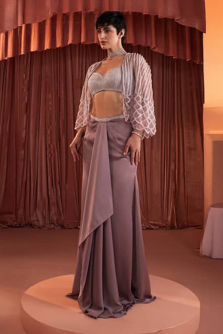 Shop_Akara_Purple Satin Beads Sweetheart , Open Organza Cape And Skirt Set _Online_at_Aza_Fashions