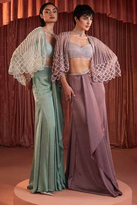 Akara_Purple Satin Beads Sweetheart , Open Organza Cape And Skirt Set _at_Aza_Fashions