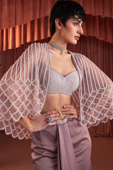 Shop_Akara_Purple Satin Beads Sweetheart , Open Organza Cape And Skirt Set 