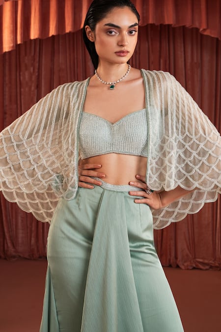 Akara_Green Satin Beads Sweetheart , Open Sea Organza Cape And Skirt Set _at_Aza_Fashions