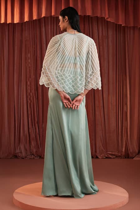 Akara Sea Green Organza Cape & Satin Skirt Set 