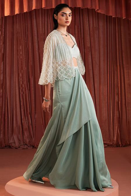 Buy_Akara_Green Satin Beads Sweetheart , Open Sea Organza Cape And Skirt Set 