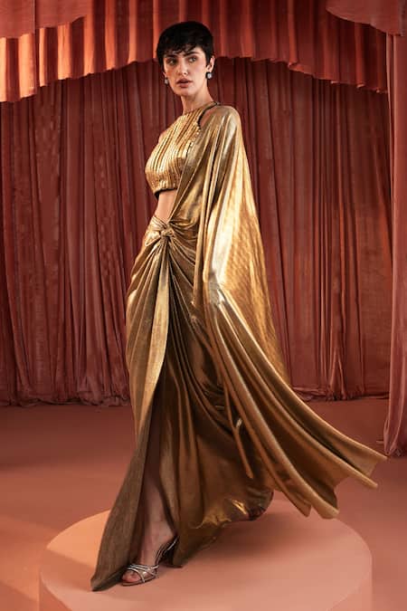 Akara_Gold Lycra, Crepe Round Neck Foil Pre-draped Saree And Blouse Set _at_Aza_Fashions