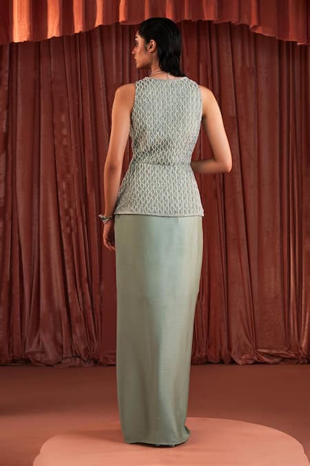 Akara Sage Green Embroidered Jacket & Skirt Set 