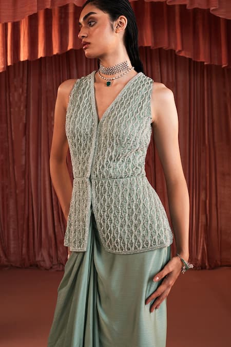Shop_Akara_Green Satin Beads V-neck Sage Embroidered Jacket And Skirt Set _Online_at_Aza_Fashions