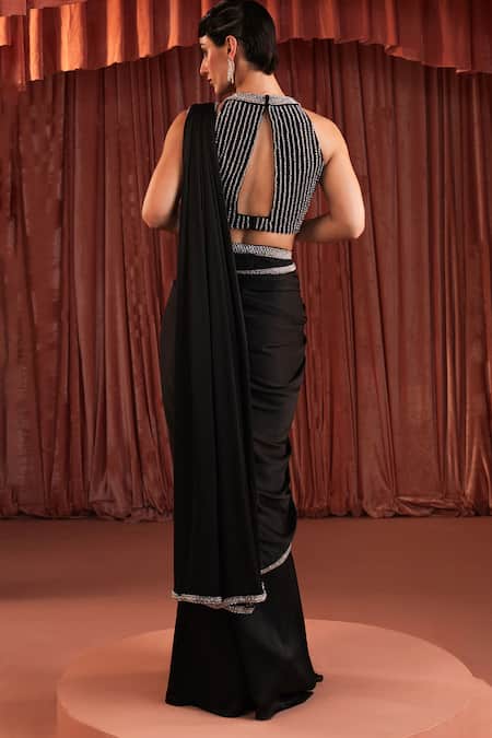 Akara Black Satin Pre-Draped Saree & Blouse Set 