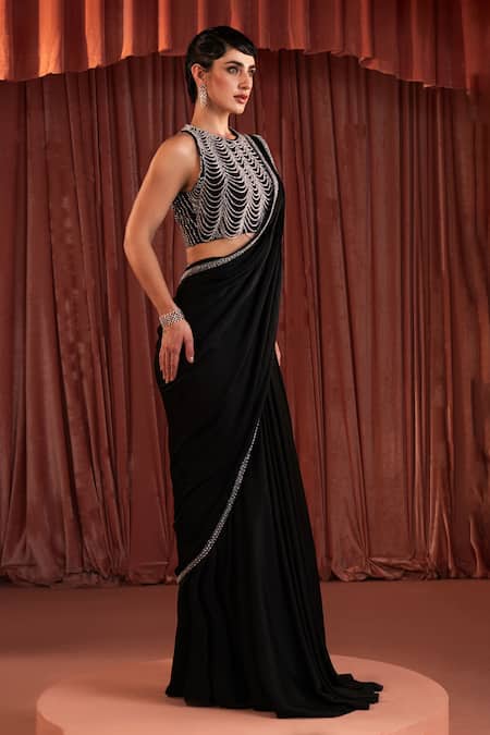 Shop_Akara_Black Satin Sequins, Beads Crew Neck Pre-draped Saree And Blouse Set _Online_at_Aza_Fashions