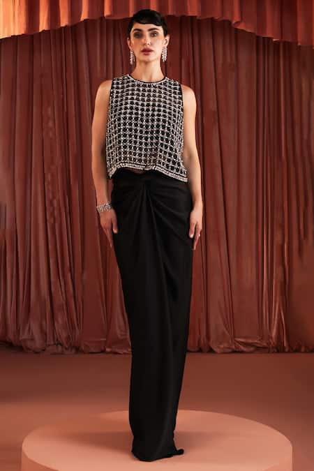 Akara Black Satin Sequins, Beads Round Neck Draped Skirt And Blouse Set