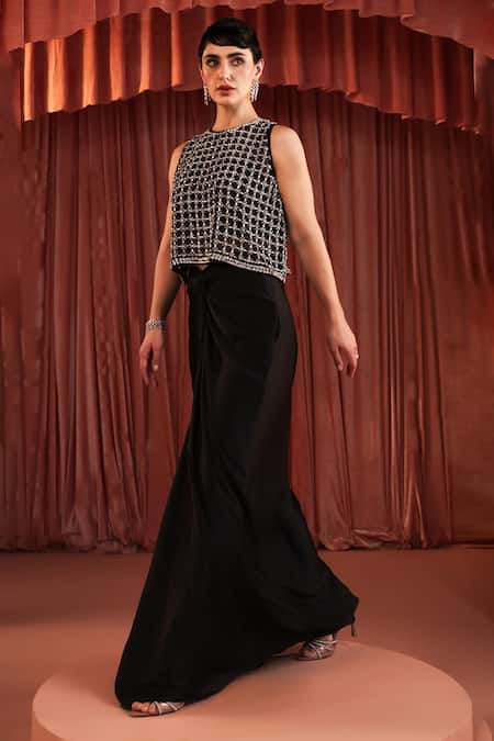 Buy_Akara_Black Satin Sequins, Beads Round Neck Draped Skirt And Blouse Set _Online_at_Aza_Fashions
