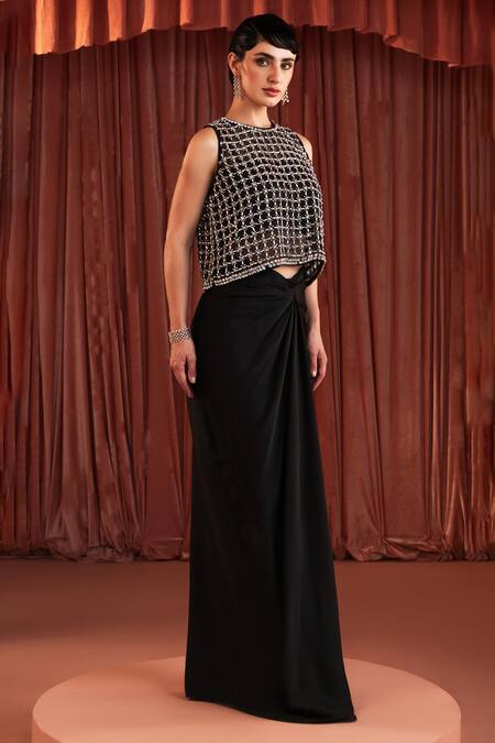 Shop_Akara_Black Satin Sequins, Beads Round Neck Draped Skirt And Blouse Set _Online_at_Aza_Fashions