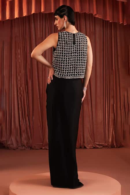 Akara Black Satin Draped Skirt & Blouse Set 