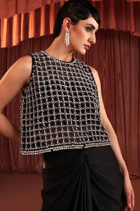 Akara_Black Satin Sequins, Beads Round Neck Draped Skirt And Blouse Set _at_Aza_Fashions