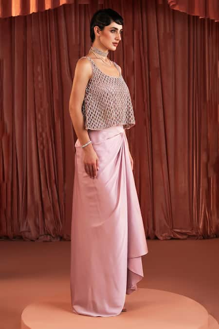 Buy Akara Silver Satin Round Neck Designer Pink Blouse And Draped Skirt Set Online at Aza Fashions Buy_Akara_Silver Satin Round Neck Designer Pink Blouse And Draped Skirt Set _Online_at_Aza_Fashions