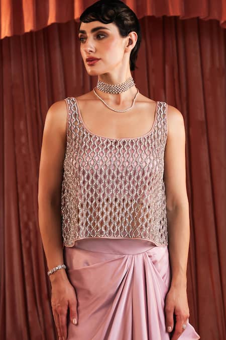 Akara Silver Satin Round Neck Designer Pink Blouse And Draped Skirt Set at Aza Fashions Akara_Silver Satin Round Neck Designer Pink Blouse And Draped Skirt Set _at_Aza_Fashions
