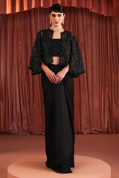 Shop Akara Black Satin Beads Round , Open Cape And Draped Skirt Set Online at Aza Fashions Shop_Akara_Black Satin Beads Round , Open Cape And Draped Skirt Set _Online_at_Aza_Fashions