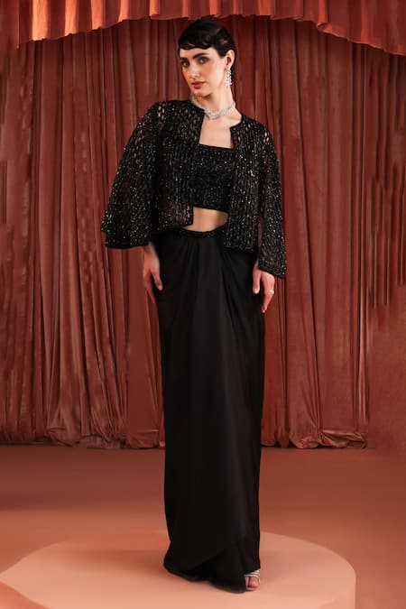 Akara Black Satin Beads Round , Open Cape And Draped Skirt Set 