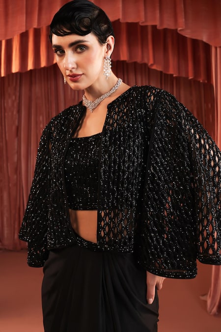 Akara Black Satin Beads Round , Open Cape And Draped Skirt Set at Aza Fashions Akara_Black Satin Beads Round , Open Cape And Draped Skirt Set _at_Aza_Fashions