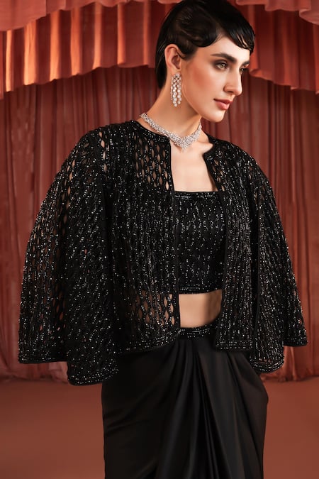 Buy Akara Black Satin Beads Round , Open Cape And Draped Skirt Set Buy_Akara_Black Satin Beads Round , Open Cape And Draped Skirt Set