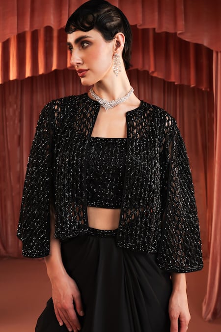 Shop Akara Black Satin Beads Round , Open Cape And Draped Skirt Set Shop_Akara_Black Satin Beads Round , Open Cape And Draped Skirt Set