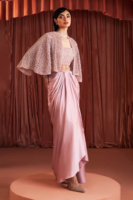 Buy_Akara_Pink Satin Embroidery Square , Open Cape And Draped Skirt Set _Online_at_Aza_Fashions